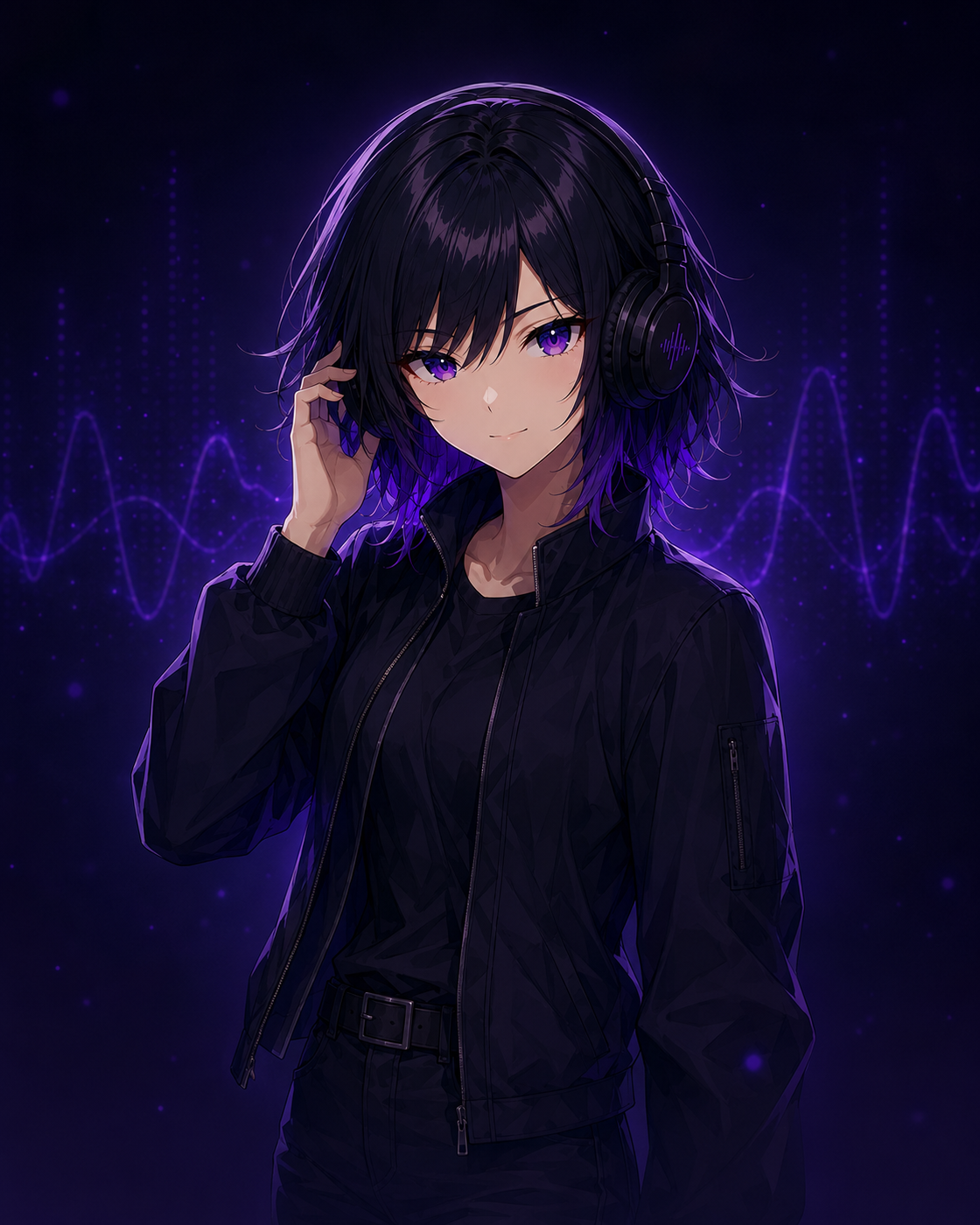 Shion adjusting her headphones in the Anim Music purple visual style